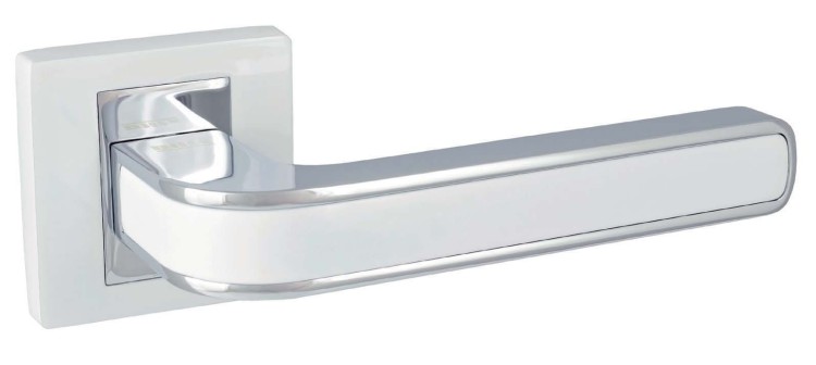 klamki blitz biały chrom.-Klamka wewnętrzna LOBOS -cechy:  łatwy system montażowy śruby przelotowe szyld 53 mm x 53 mm Waga 0,82kg Kod EAN 5901812896056 kolor: Biały/Chrom