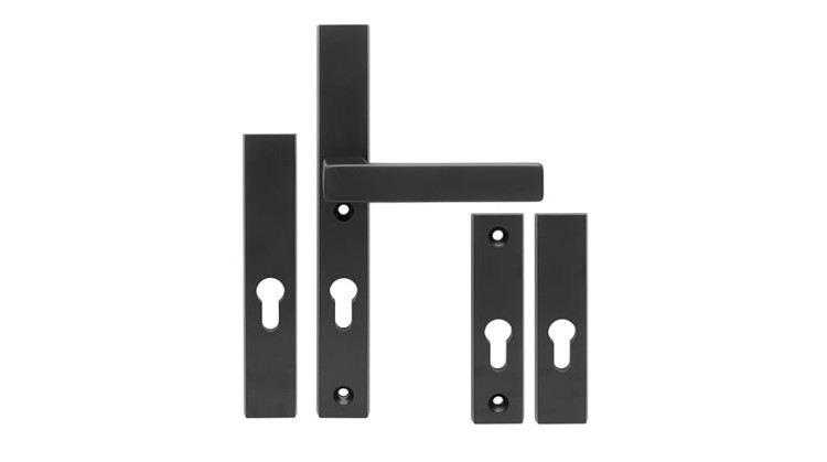 Klamka do drzwi zewnętrznych THEO SLIM F8 92 mm Black + szyld 95 mm | Czarna klamka premium na wkładkę