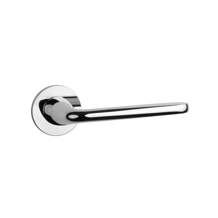 Klamka APRILE HIACYNTA ROZETA R SUPER SLIM 5MM LC - chrom polerowany .Waga netto 0,938kg Grubość rozety 5 mm  Kolekcja Prestige  Kolor Chrom polerowany  Kształt rozety Okrągła R SUPER SLIM 5 mm , fi 52 mm Producent ENGER  Marka APRILE  Materiał Cynk