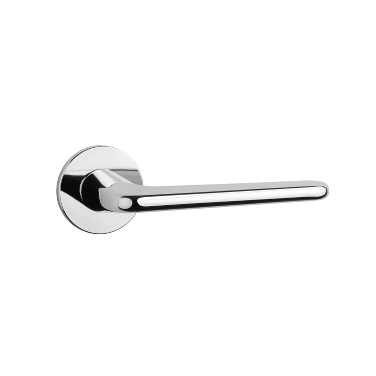 Klamka APRILE LIRA ROZETA R SUPER SLIM 5MM LC - chrom polerowany .Waga netto 1,003kg  Grubość rozety 5 mm  Kolekcja Prestige  Kolor Chrom polerowany  Kształt rozety Okrągła R SUPER SLIM 5 mm ,fi 52 mm Producent ENGER  Marka APRILE  Materiał Cynk