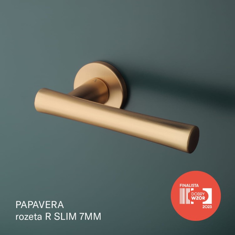 Klamka APRILE PAPAVERA ROZETA R SLIM 7MM KG - złoty matowy.Waga netto 1,155kg  Kod EAN 5902249350074  Grubość rozety 7 mm  Kolekcja Prestige  Kolor Złoty matowy  Kształt rozety Okrągła R SLIM 7 mm fi 52 mm  Producent ENGER  Marka APRILE  Materiał Cynk