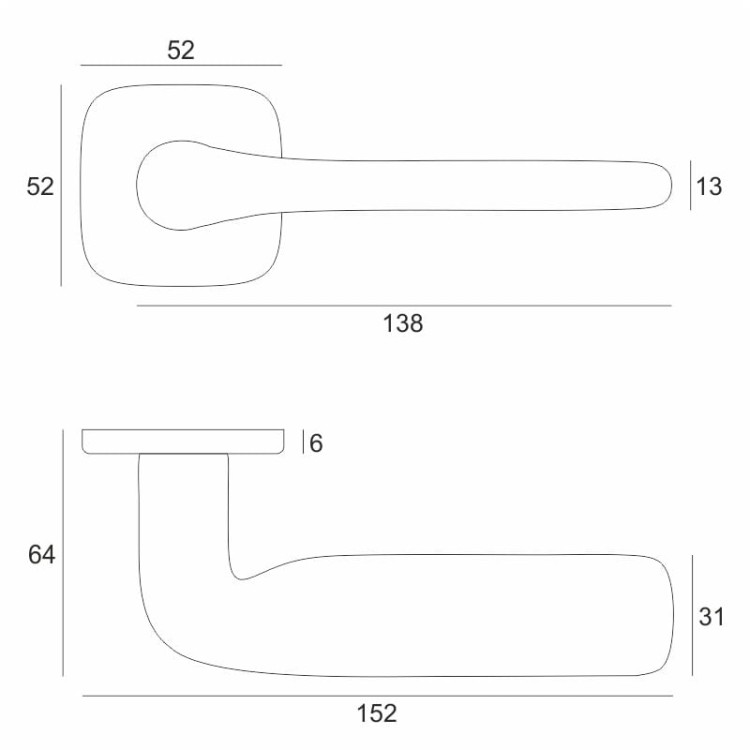 FLAT Kolor: Brąz satyna Materiał: ZnAl Rozeta: kwadratowa Grubość rozety: 6mm Wymiar rozety: 52mm x 52mm Grubość drzwi: 38-45 mm