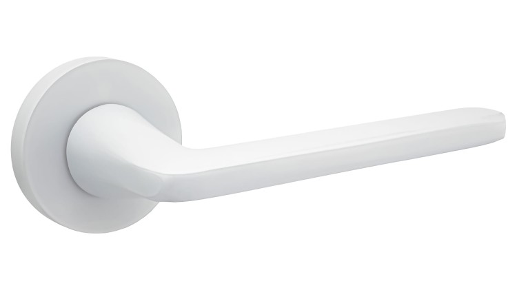 Klamka wewnętrzna VENA Klamka VENA biała na rozecie okrągłej .Specyfikacja produktu:  Model: VEBIO  Kolor: biały   Typ rozety: okrągła fi 54 mm  Zastosowanie: do drzwi wewnętrznych