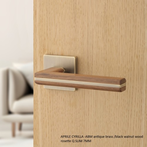 Klamka APRILE CYRILLA ROZETA Q SLIM 7MM ABM / BLACK WALNUT WOOD - antyczny mosiądz / drewno czarny orzech