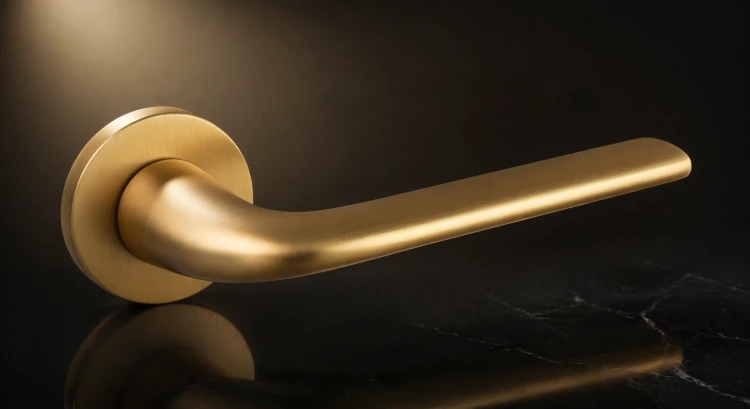 Klamka PETRA SLIM satyna mosiądz – elegancka klamka do drzwi wewnętrznych na okrągłej rozecie