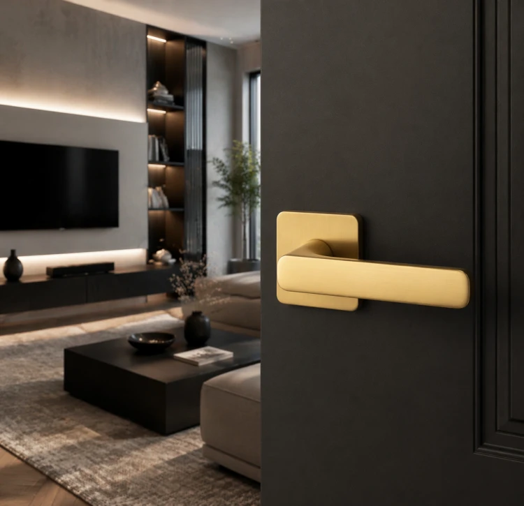 Klamka AZTEC SLIM satyna mosiądz do drzwi wewnętrznych | Rozeta kwadratowa | Alubrass