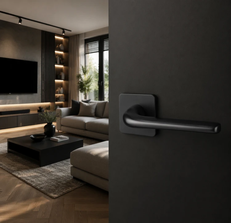 Klamka PETRA SLIM czarna do drzwi wewnętrznych pokojowych | Rozeta kwadratowa | Alubrass