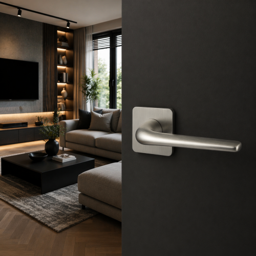 Klamka PETRA SLIM chrom mat do drzwi wewnętrznych | Rozeta kwadratowa 53x53 mm | Alubrass