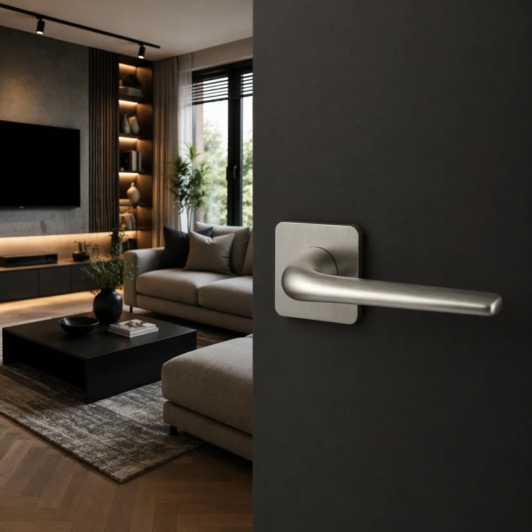 Klamka PETRA SLIM chrom mat do drzwi wewnętrznych | Rozeta kwadratowa 53x53 mm | Alubrass