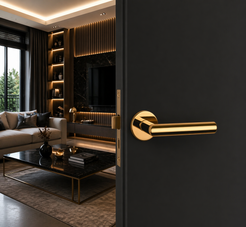 Klamka APRILE ARABIS R SLIM 7 mm GOLD PVD – złota klamka do drzwi premium