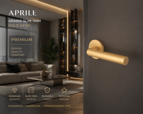 Klamka APRILE ARABIS R SLIM 7MM GOLD SATIN – złota matowa klamka do drzwi, nowoczesna, okrągła rozeta