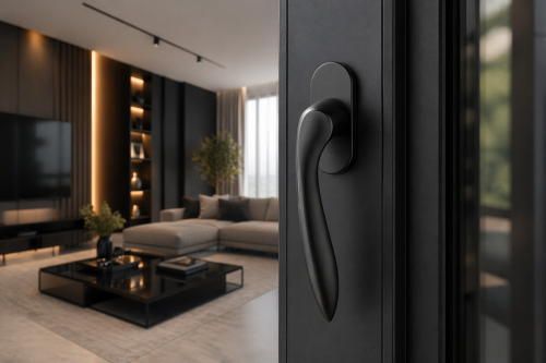 STILE – marka klamek premium dla wymagających klientów.Klamka okienna STILE PULIA R BLACK – czarny mat premium