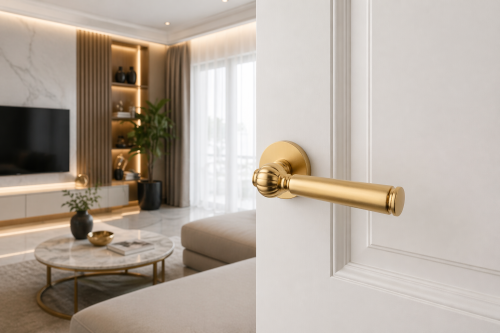 Klamka STILE TUKA ROZETA R SLIM 7MM GOLD SATIN – złoty matowy  klamka do drzwi wewnętrznych premium