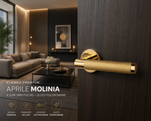Klamka APRILE MOLINIA R SLIM 7 mm GOLD PVD – złota klamka premium do drzwi wewnętrznych