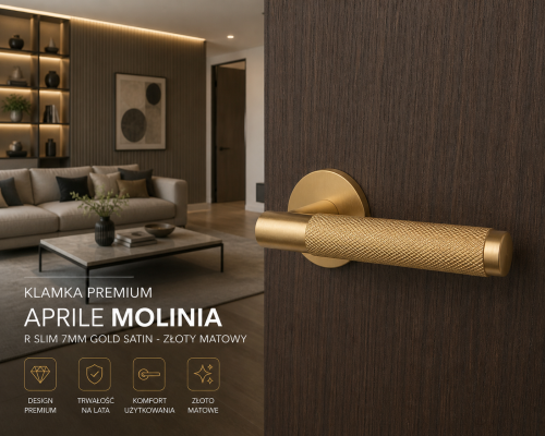 Klamka APRILE MOLINIA R SLIM 7 mm GOLD SATIN – złota matowa klamka do drzwi wewnętrznych premium