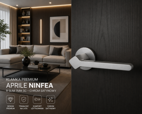 Klamka APRILE NINFEA R SLIM 7 mm SC – chrom satynowy, nowoczesna klamka premium do drzwi