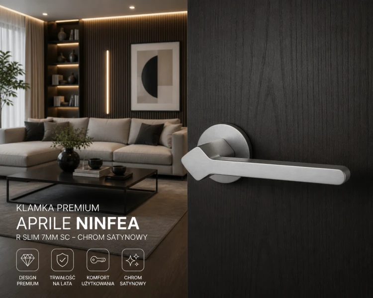 Klamka APRILE NINFEA R SLIM 7 mm SC – chrom satynowy, nowoczesna klamka premium do drzwi