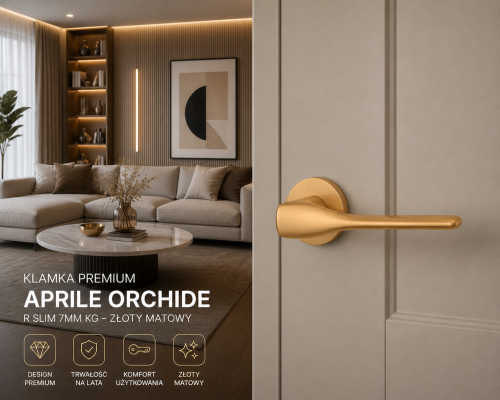 Klamka APRILE ORCHIDE R SLIM 7 mm KG – złoty matowy, designerska klamka premium do drzwi