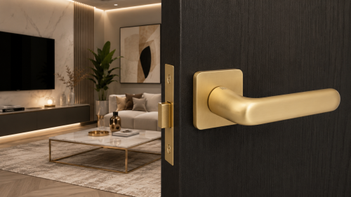 Klamka NUVILO rozeta kwadrat satyna mosiądz BLITZ – elegancka klamka premium do nowoczesnych wnętrz