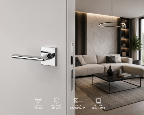 Klamka APRILE PRIMULA Q SLIM 7 mm CP – chrom polerowany | Elegancka klamka premium do nowoczesnych drzwi