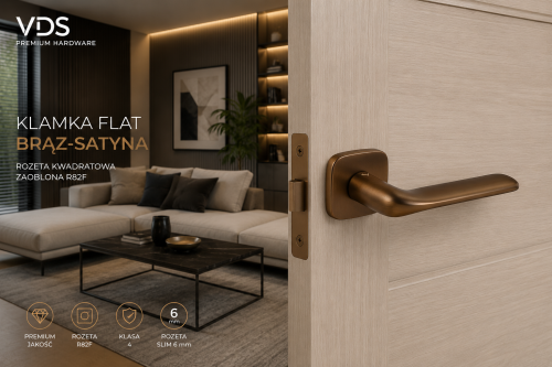 Kolekcja VDS Creative – design autorstwa Wojtka Błaszczyka -Klamka Flat Brąz-Satyna VDS – Designerska Klamka Premium na Rozecie Kwadratowej R82F Slim 6 mm