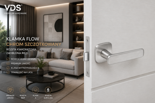 Klamka Flow Chrom Szczotkowany VDS – Nowoczesna Klamka Premium na Rozecie R82F Slim 6 mm
