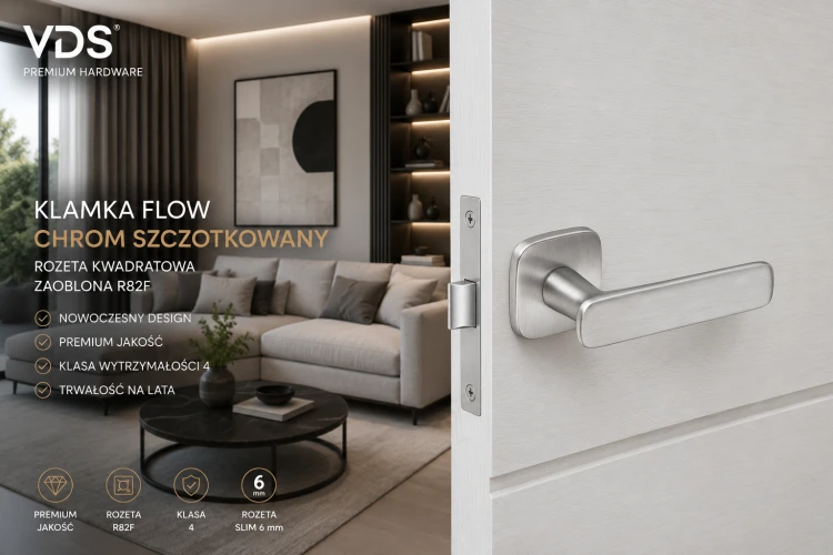 Klamka Flow Chrom Szczotkowany VDS – Nowoczesna Klamka Premium na Rozecie R82F Slim 6 mm