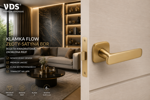 Klamka Flow Złoty-Satyna VDS – Ekskluzywna Klamka Premium na Rozecie R82F Slim 6 mm