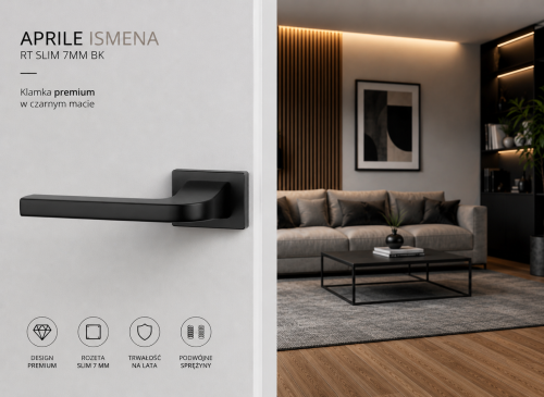 Klamka APRILE ISMENA RT SLIM 7 mm BK – czarny mat | Nowoczesna klamka premium do drzwi wewnętrznych