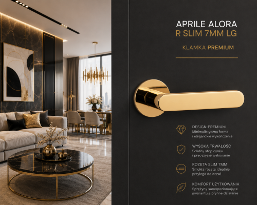 Klamka APRILE ALORA R SLIM 7 mm LG – złoty polerowany | Luksusowa klamka premium do nowoczesnych drzwi
