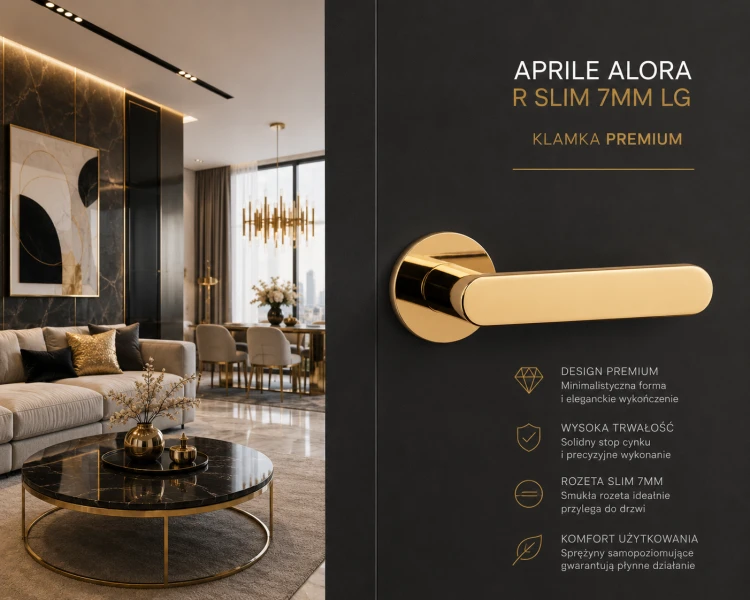 Klamka APRILE ALORA R SLIM 7 mm LG – złoty polerowany | Luksusowa klamka premium do nowoczesnych drzwi