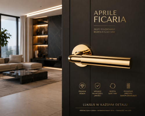 Klamka APRILE FICARIA ROZETA R SLIM 7 MM LG – złoty polerowany | Luksusowa mosiężna klamka do drzwi wewnętrznych