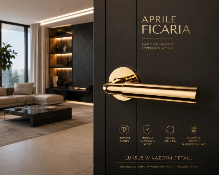 Klamka APRILE FICARIA ROZETA R SLIM 7 MM LG – złoty polerowany | Luksusowa mosiężna klamka do drzwi wewnętrznych