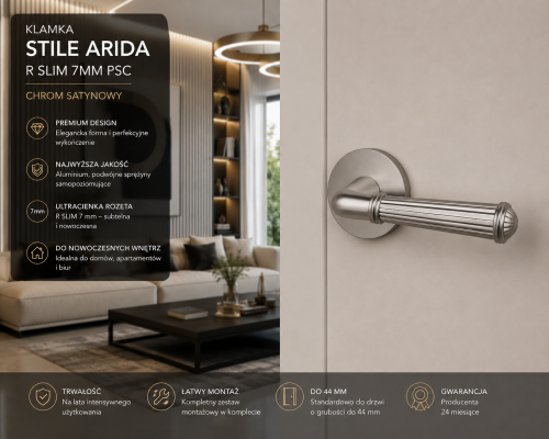 Kamka STILE ARIDA R SLIM 7 mm PSC – Chrom Satynowy | Designerska klamka premium do drzwi | Kolekcja Simple