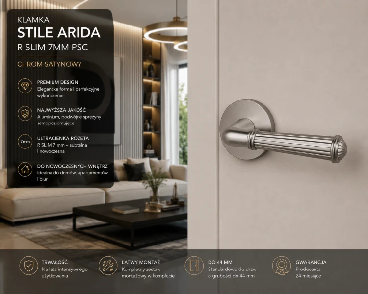 Kamka STILE ARIDA R SLIM 7 mm PSC – Chrom Satynowy | Designerska klamka premium do drzwi | Kolekcja Simple