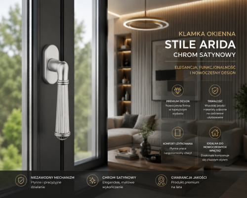 Klamka okienna STILE ARIDA R PSC Chrom Satynowy – designerska klamka okienna premium | Kolekcja Simple | ENGER