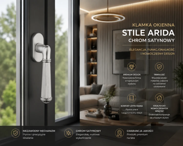 Klamka okienna STILE ARIDA R PSC Chrom Satynowy – designerska klamka okienna premium | Kolekcja Simple | ENGER