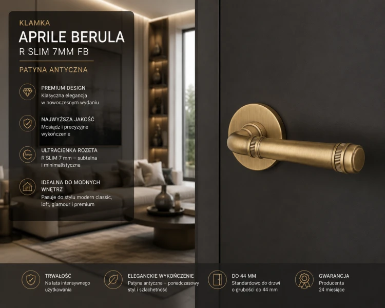 Klamka APRILE BERULA R SLIM 7 mm FB – Patyna Antyczna | Mosiężna klamka premium do drzwi | Kolekcja Prestige