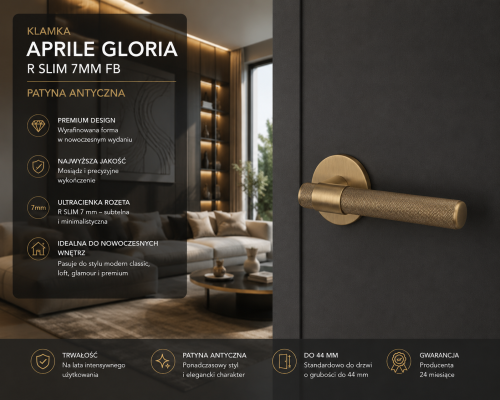 Klamka APRILE GLORIA R SLIM 7 mm FB – Patyna Antyczna | Mosiężna klamka premium do drzwi | Kolekcja Prestige
