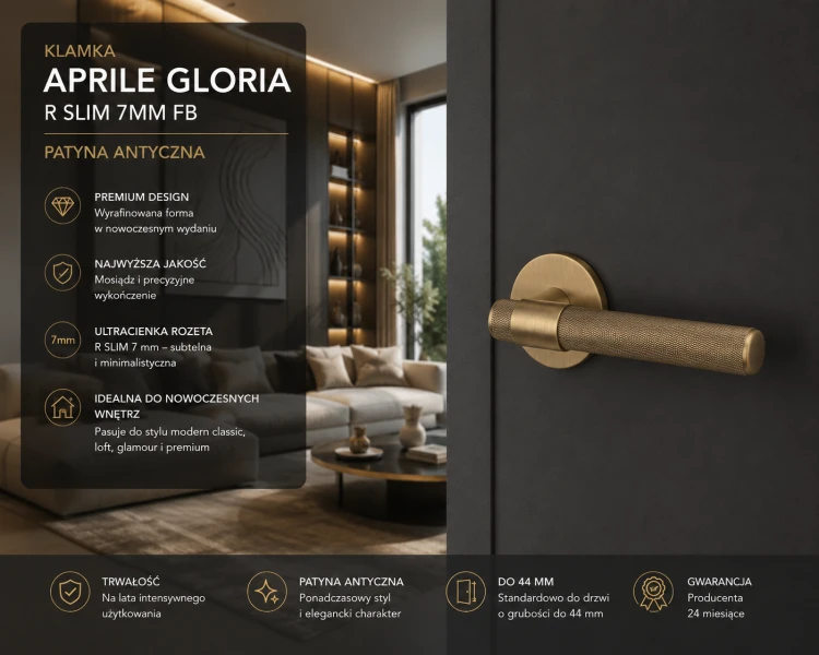 Klamka APRILE GLORIA R SLIM 7 mm FB – Patyna Antyczna | Mosiężna klamka premium do drzwi | Kolekcja Prestige