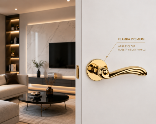 Klamka APRILE CLIVIA ROZETA R SLIM 7 mm LG – złoty polerowany | Designerska klamka Premium do drzwi wewnętrznych