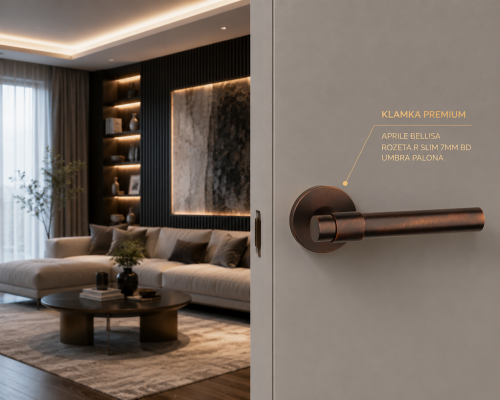 Klamka APRILE BELLISA ROZETA R SLIM 7 mm BD – umbra palona | Mosiężna klamka Prestige do drzwi wewnętrznych