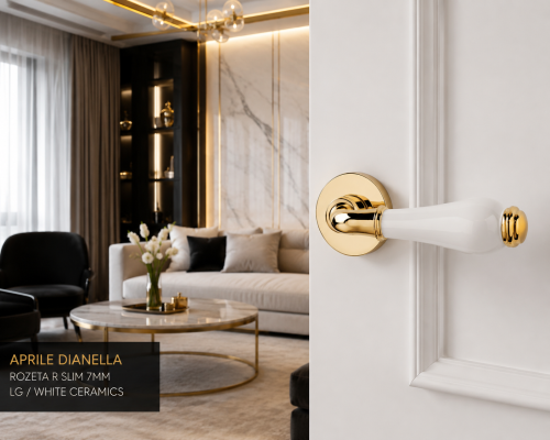 Klamka APRILE DIANELLA ROZETA R SLIM 7MM LG / WHITE CERAMICS – złoty polerowany z białą ceramiką | Luksusowa klamka premium do drzwi wewnętrznych