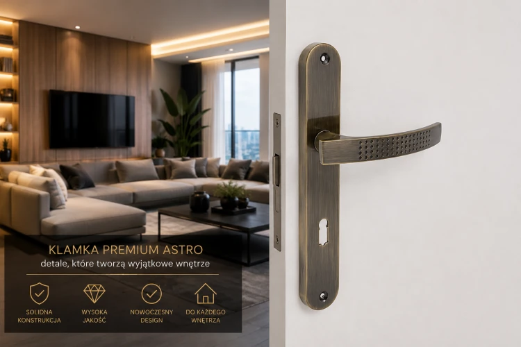 Klamka wewnętrzna ASTRO 90 mm na klucz – Patyna | Aluminiowa klamka na długim szyldzie ALUBRASS