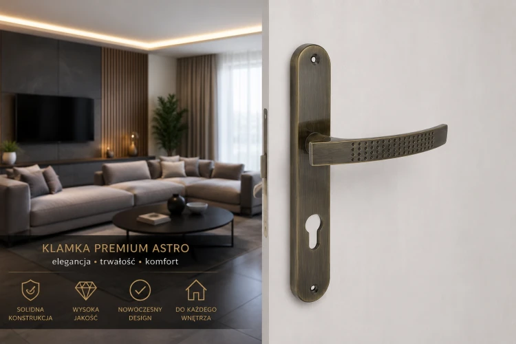 Klamka wewnętrzna ASTRO 90 mm na wkładkę – Patyna | Aluminiowa klamka na długim szyldzie ALUBRASS