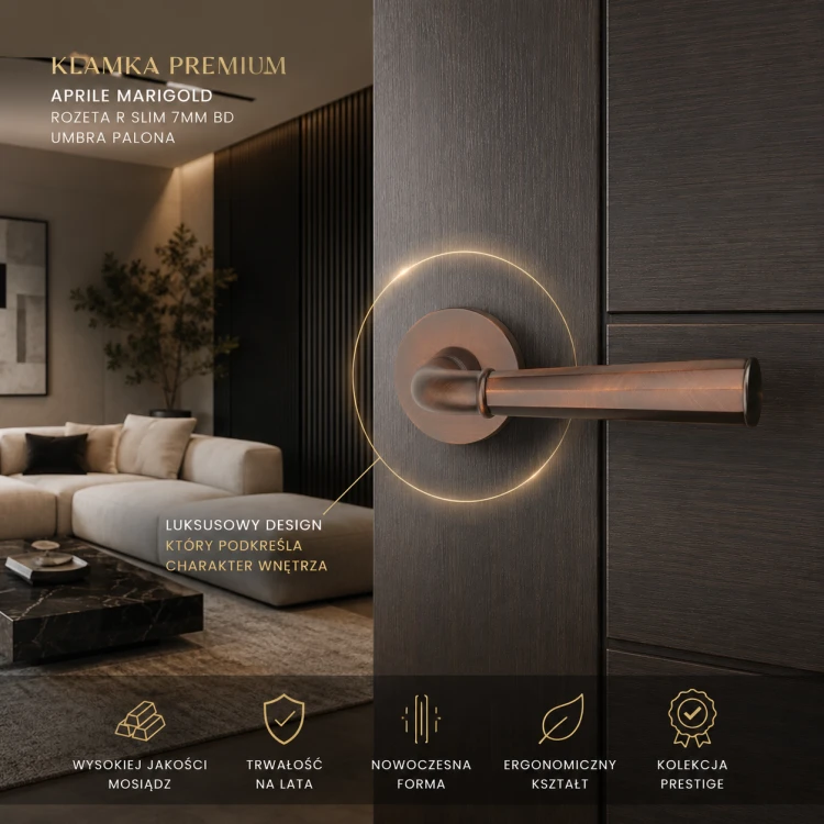 Klamka APRILE MARIGOLD R SLIM 7 mm Umbra Palona – ekskluzywna mosiężna klamka do drzwi wewnętrznych Premium