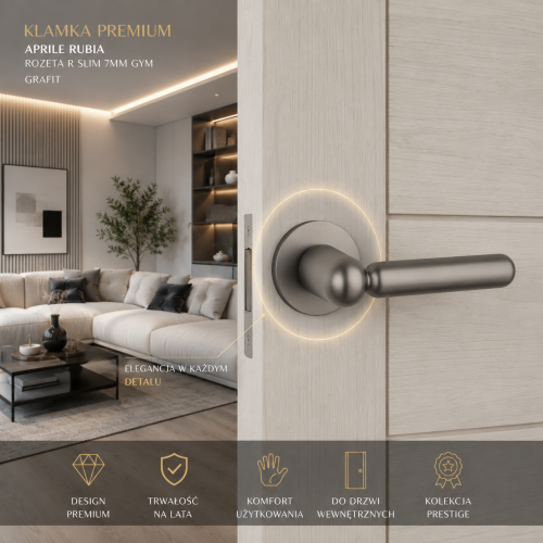 Klamka APRILE RUBIA ROZETA R SLIM 7 mm Grafit – nowoczesna designerska klamka premium do drzwi wewnętrznych