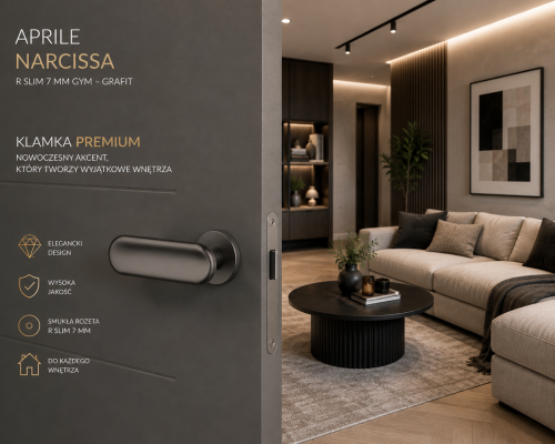 Klamka APRILE NARCISSA R SLIM 7 mm GYM – grafit | Designerska klamka do drzwi wewnętrznych Premium