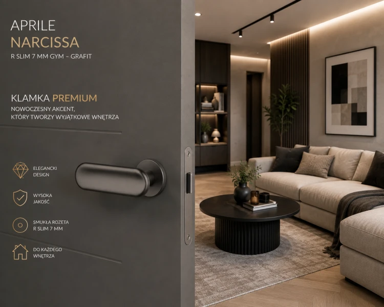 Klamka APRILE NARCISSA R SLIM 7 mm GYM – grafit | Designerska klamka do drzwi wewnętrznych Premium