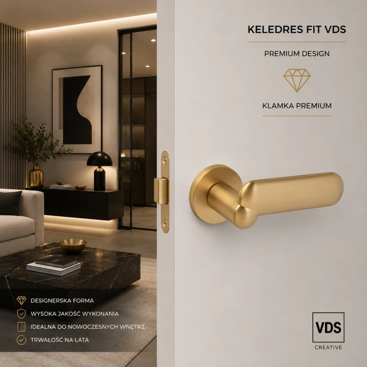 Klamka Keledres Fit VDS złoty satyna – klamka do drzwi wewnętrznych premium | nowoczesny design, luksusowa elegancja i trwałość